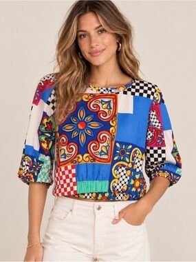 Maude Vivante 3/4 sleeve Colorful Patchwork Floral-Print Women's Top